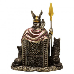 Statueta rasina si bronz, mitologia nordica, Zeul Odin pe Tron 21 cm - Img 3