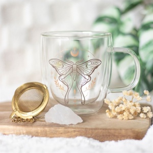 Cana din sticla cu pereti dubli cu infuzor de ceai cu cristal, Light Luna Moth