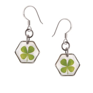 Cercei cu trifoi natural cu 4 foi – talisman pentru noroc, Hexagoane, 3 cm