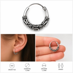 Cercel argint 925 creola mica 12 mm – cercel rotund tribal Bali, unisex - Img 2