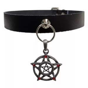 Choker de piele naturala Pentagrama cu Zirconii Rosii 1.9cm