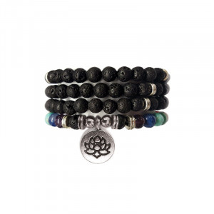 Colier / Bratara elastica din 108 sfere de Piatra Vulcanica si charm placat cu argint Floare de Lotus - Perlele Eternitatii
