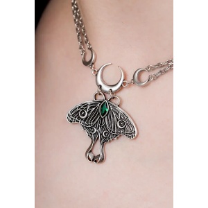 Colier Luna Moth Choker cu molie, cristal verde si semiluni placat cu argint 925 - Img 4