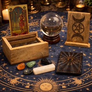 Cutie mica din lemn pentru Tarot cu suport pentru carte, Tripla Luna si Pentagrama - Img 2