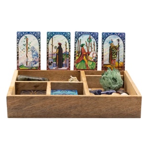 Cutie organizator din lemn pentru Tarot cu 4 compartimente si suport pentru carti, 33 cm - Img 4