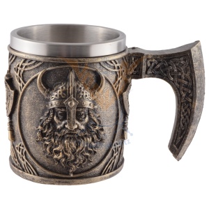 Halba finisaj bronz Viking cu topoare si cap de razboinic, 350 ml, cupa detasabila din inox