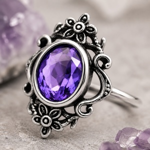 Inel otel inoxidabil cu zirconiu violet si flori gotice, 2 cm, Amethyst Flowers - Img 3