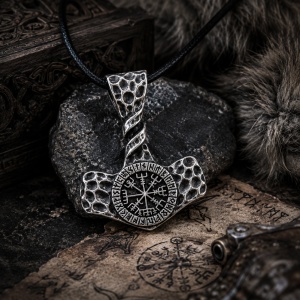 Pandantiv Mjolnir cu Vegvisir din inox, Etnox – ciocanul lui Thor pentru protectie si forta, 3.1 cm - Img 2