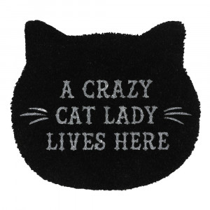 Covorasul de intrare este in forma de cap de pisicuta  si are imprimat cu alb mesajul ”A crazy cat lady lives here”.  Un accesoriu special pentru o casa deosebita si un cadou fantastic pentru iubitorii de pisici.