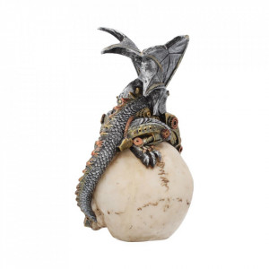 Statueta steampunk craniu cu dragon Aripi de otel 21 cm - Img 3