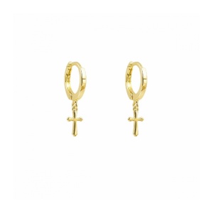 Cercei Cruce placati cu aur 14K – cercuri micute cu charm cruce, 12 mm, inchidere tip click
