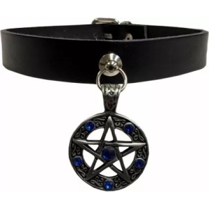 Choker de piele naturala Pentagrama cu Zirconii Albastre 1.9cm