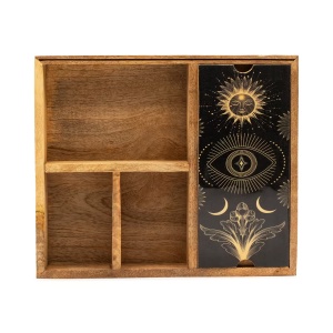 Cutie organizator din lemn pentru Tarot cu 4 compartimente si suport pentru carti, 33 cm