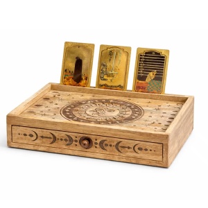 Cutie Tarot din lemn Soare si Luna cu sertar si suport pentru carti, 35.5 cm - Img 3