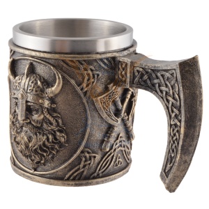 Halba finisaj bronz Viking cu topoare si cap de razboinic, 350 ml, cupa detasabila din inox - Img 8