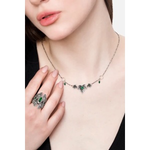Inel whimsigoth Evergreen cu molii-luna si cristal verde placat cu argint 925 - Img 4