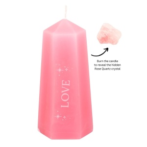 Lumanare roz cu cristal Quartz, pentru ritualuri de iubire, 15cm