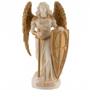 Mini statueta Arhanghelul Mihail, finisaj alb marmura si auriu, 9 cm