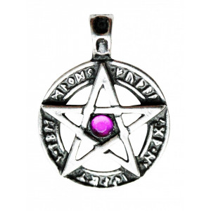 Pandantiv cu lantisor, Luminile Nordului - Pentagrama cu rune, placat cu argint, 3.1 cm