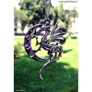 Pandantiv cu lantisor placate cu argint, cu zirconii violet, Mythic Celts - Dragonul lunii, 5.5 cm