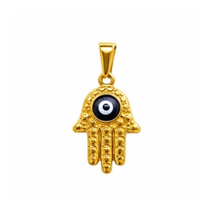 Pandantiv Mana Fatimei (Hamsa) cu Evil Eye Auriu din Otel Inoxidabil 304 – Talisman Protectie, 22 mm