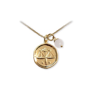 Pandantiv talisman auriu cu lantisor si sfera din piatra semipretioasa Quartz Transparent, semn zodiacal Balanta