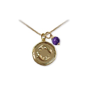 Pandantiv talisman auriu cu lantisor si sfera din piatra semipretioasa Ametist, semn zodiacal Pesti