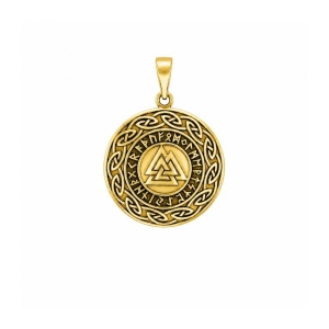 Pandantiv Valknut cu rune nordice, auriu - simbolul lui Odin