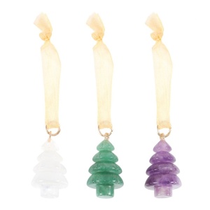 Set 3 decoratiuni in forma de brad de Craciun din cristale - quartz transparent, ametist, aventurin