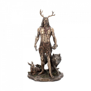 Statueta rasina si bronz, mitologia celtica, zeu Herne si animalele 30 cm
