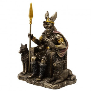 Statueta rasina si bronz, mitologia nordica, Zeul Odin pe Tron 21 cm - Img 5