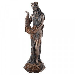 Statueta rasina si bronz, mitologia romana, zeita norocului Fortuna cu Cornul Abundentei, 29 cm - Img 1