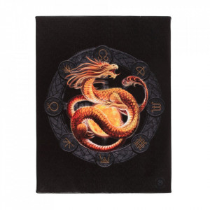 Tablou canvas design Anne Stokes, model cu dragonul Litha, de culoare aurie, ce este inconjurat de simboluri celtice, pe un fundal negru, dimensiune 19x25 cm.