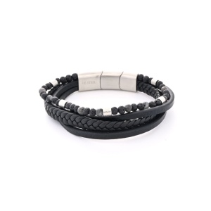 Bratara din piele naturala si margele din piatra vulcanica, ajustabila 21-22 cm