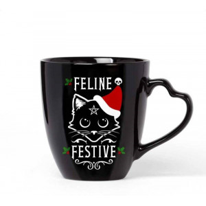 Cana perfecta de Craciun pentru persoanele iubitoare de feline, este aici! Prezinta o pisicuta adorabila si textul „Feline Festive” completate cu un maner negru in forma de inima! 