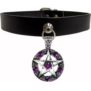 Choker de piele naturala Pentagrama cu Zirconii Mov 1.9cm