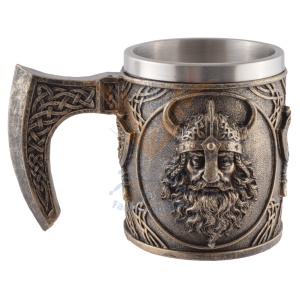 Halba finisaj bronz Viking cu topoare si cap de razboinic, 350 ml, cupa detasabila din inox - Img 5