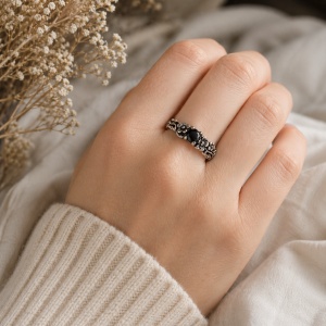 Inel argint 925 cu onix negru si flori – inel elegant vintage dama Flori Negre - Img 2