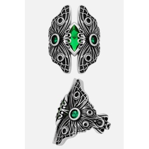 Inel whimsigoth Evergreen cu molii-luna si cristal verde placat cu argint 925