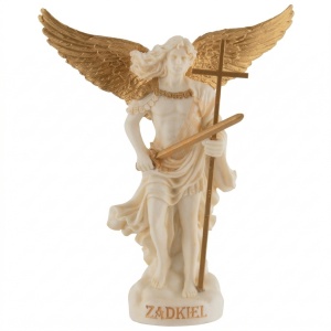 Mini statueta Arhanghelul Zadkiel, finisaj alb marmura si auriu, 10 cm