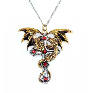 Pandantiv cu lantisor Carpe Noctum - dragon pe cruce Crux Dragana, placat cu argint, 6 cm