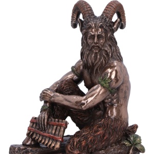 Statueta bronz si rasina, mitologie greaca, zeul naturii Pan cu naiul in mana, 15 cm - Img 2