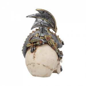 Statueta steampunk craniu cu dragon Aripi de otel 21 cm - Img 5