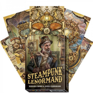 Carti de oracol di carton si alte materiale, multicolore, realizate in stilul steampunk, cu ,,Steampunk Lenormand" pe coperta.