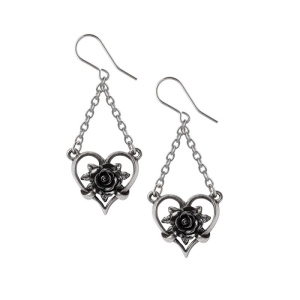 Cercei gotici in forma de inimioara cu trandafir negru Alchemy England - Heart of Blackness