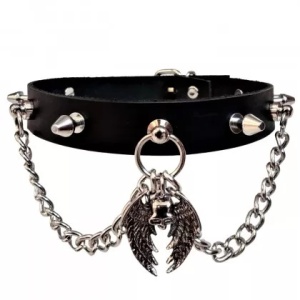 Choker de piele naturala Killer Studs & Winged Skull 1.9cm