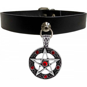 Choker piele naturala cu pentagrama rosie
