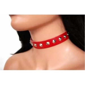 Choker piele naturala cu tinte Pointed Studs Rosu 1.5cm