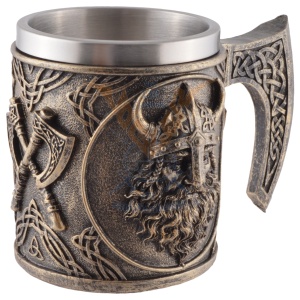 Halba finisaj bronz Viking cu topoare si cap de razboinic, 350 ml, cupa detasabila din inox - Img 2
