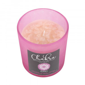 Realiniaza-ti chakra coroanei cu aceasta lumanare cu parfum de mure. Un suport de sticla mata roz si un capac metalic sunt accentuate de o imprastiere de bucatele de cristal de quartz transparent care pot fi reutilizate ulterior pentru o multitudine de sc